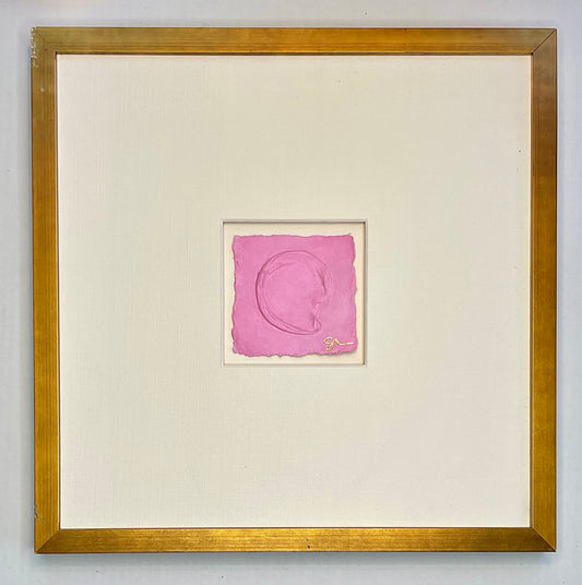 A framed square-shaped watercolor painting with pink and white colors on 300 lb watercolor paper, enclosed in an 18x18 brushed gold frame with a linen mat. Copyright Sally Threlkeld 2025.